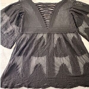Black Lace Crotchet V Neck Bell Sleeve Sheer Boho Tunic Top Coverup Whimsigoth